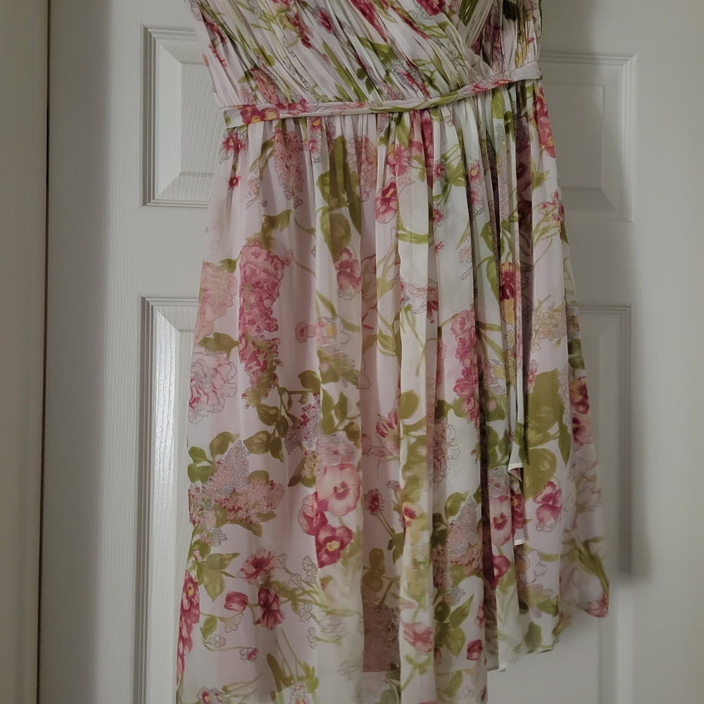 Donna Morgan Pink and Green Floral Strapless Dress
